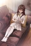  1girl bdsm bondage bound bound_legs brown_hair couch highres long_hair necktie no_shoes original pantyhose pillow puffy_short_sleeves puffy_sleeves restrained rope shibari shibari_over_clothes short_sleeves skirt white_pantyhose white_skirt yewang19 