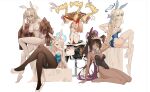  5girls absurdres akane_(blue_archive) akane_(bunny)_(blue_archive) animal_ears ass asuna_(blue_archive) asuna_(bunny)_(blue_archive) back backless_leotard bare_shoulders barefoot black_hair black_jacket black_leotard black_pantyhose blonde_hair blue_archive blue_bow blue_eyes blue_halo blue_leotard blunt_bangs blush bow braid breasts brown_jacket cleaning_&amp;_clearing_(blue_archive) cleavage commentary_request crossed_legs dark-skinned_female dark_skin detached_collar duona fake_animal_ears fake_tail feet fishnet_pantyhose fishnets french_braid full_body glasses gloves gradient_hair hair_over_one_eye halo hand_up high_heels highleg highleg_leotard highres jacket karin_(blue_archive) karin_(bunny)_(blue_archive) large_breasts leotard long_hair looking_at_viewer looking_back medium_breasts multicolored_hair multiple_girls neru_(blue_archive) neru_(bunny)_(blue_archive) no_shoes off_shoulder official_alternate_costume on_chair one_eye_covered pantyhose pink_hair plaid plaid_jacket playboy_bunny purple_hair purple_halo rabbit_ears red_eyes red_leotard side_braid simple_background sitting smile strapless strapless_leotard tail thighhighs thighs toki_(blue_archive) toki_(bunny)_(blue_archive) very_long_hair white_background white_footwear white_gloves white_leotard white_pantyhose white_thighhighs wrist_cuffs 