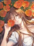  1girl brown_eyes brown_hair collarbone dutch_angle flower food hagiwara_rin hair_spread_out highres holding holding_flower holding_food lace_trim long_hair looking_at_viewer lying making-of_available on_back one_eye_closed orange_flower original parted_lips solo twitter_username 