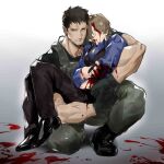  2boys absurdres beard blood blood_on_face blood_splatter brown_hair carrying chris_redfield facial_hair frown highres injury large_pectorals leon_s._kennedy male_focus mature_male multiple_boys muscular muscular_male naijarski on_one_knee pectorals princess_carry resident_evil resident_evil_4 resident_evil_4_(remake) short_hair stubble yaoi 
