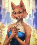  anthro bracelet breasts canid canine clasped_hands claws clothed clothing diane_foxington dreamworks dress eyebrow_piercing facial_piercing female fox fully_clothed fur green_eyes hi_res jewelry mammal necklace open_mouth orange_body orange_fur outside pea2 piercing pink_nose silhouette solo the_bad_guys 