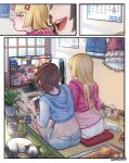  2girls absurdres ai_shou anger_vein ass blonde_hair brown_hair calendar_(object) cat chopsticks crop_top cup_ramen denim denim_shorts dualsense food fruit game_console highres hood hoodie kazama_asuka leaning_on_person lili_(tekken) long_hair multiple_girls orange_(fruit) panties plant playing_games playstation_5 playstation_controller pout short_hair short_shorts shorts smile socks tekken tekken_8 television underwear white_panties 