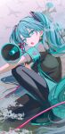  1girl absurdres aircraft airplane aqua_eyes aqua_hair aqua_necktie aqua_skirt black_footwear black_shirt boots commentary from_side hair_between_eyes hair_ornament hatsune_miku highres holding holding_megaphone koi_wa_sensou_(vocaloid) liso long_hair looking_at_viewer looking_to_the_side megaphone military_vehicle necktie open_mouth outdoors pleated_skirt serious shirt short_sleeves skirt solo squatting thigh_boots twintails very_long_hair vocaloid 
