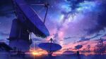  1girl blue_sky cloud commentary_request from_behind highres holding holding_umbrella landscape long_hair milky_way night night_sky original outdoors power_lines radio_telescope scenery sky smile_(qd4nsvik) standing star_(sky) starry_sky sunset tree umbrella 