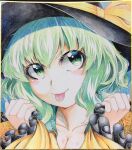  1girl 283win acrylic_paint_(medium) black_headwear breasts cleavage closed_mouth collarbone commentary_request green_eyes green_hair hat hat_ribbon komeiji_koishi long_sleeves looking_at_viewer painting_(medium) photo_(medium) portrait ribbon shikishi short_hair smile solo tongue tongue_out touhou traditional_media yellow_ribbon 