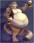  2022 ambiguous_gender anthro belly belly_tuft beverage big_belly bottomwear charr chest_tuft claws clothed clothing dipstick_tail eyes_closed felid fur guild_wars happy hi_res leaning male mammal markings obese obese_anthro obese_male open_mouth overweight overweight_anthro overweight_male shorts simple_background solo standing tail tail_markings tail_tuft thatfat_cat tuft 