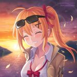  breasts cleavage girls&#039;_frontline hair_ornament hairpin highres jacket kalina_(girls&#039;_frontline) lake open_clothes open_jacket pralinesquire red_ribbon ribbon shirt side_ponytail sunglasses sunset white_shirt 