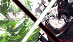  2boys armor asta_(black_clover) black_armor black_clover black_hair black_horns closed_mouth crossed_swords crown energy_sword fang fur_trim green_eyes green_hair green_shirt highres holding holding_sword holding_weapon horns long_bangs looking_at_viewer male_focus multiple_boys open_mouth poonwip red_eyes shirt short_hair smile spiked_hair sword symbol-shaped_pupils twitter_username weapon yuno_(black_clover) 