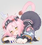  1girl animal_ears arknights black_bracelet black_hairband black_skirt blush bow cat_ears cat_girl cat_tail clothes_writing electricity floppy_ears goldenglow_(arknights) hair_between_eyes hair_bow hairband heart highres infection_monitor_(arknights) jacket lightning_bolt_print lightning_bolt_symbol long_sleeves open_mouth pcaccount13 pink_hair simple_background skirt solo spoken_heart tail tareme thighhighs top-down_bottom-up white_thighhighs yellow_eyes 