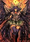  1girl arm_cannon bird_wings black_hair black_thighhighs black_wings bow cape closed_mouth commentary frilled_skirt frills green_bow green_skirt hair_bow long_hair looking_at_viewer moto_murabito red_eyes reiuji_utsuho shirt short_sleeves skirt solo standing thighhighs third_eye touhou weapon white_cape white_shirt wings 