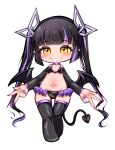  1girl absurdres alternate_costume bat_wings black_bra black_hair black_panties black_thighhighs black_wings blunt_bangs blush bra breasts cleavage commentary_request demon_girl demon_horns demon_tail double_w full_body grin highres horns kojo_anna long_hair looking_at_viewer multicolored_hair nanashi_inc. panties pointy_ears pubic_tattoo purple_hair purple_nails robou_no_stone shiny_skin simple_background smile solo tail tattoo thighhighs transparent_background twintails two-tone_hair underwear virtual_youtuber w walking wings yellow_eyes 