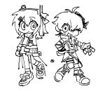  2girls a.i._voice adachi_rei antenna_hair arms_at_sides belt boots chibi closed_mouth detached_sleeves fingerless_gloves flower_(vocaloid) flower_(vocaloid4) full_body gloves greyscale hair_ornament hair_ribbon hairclip hand_on_own_hip headlamp highres holding jacket jin_(rhgj0928) knee_boots kneehighs lineart long_sleeves looking_at_viewer medium_hair monochrome multicolored_hair multiple_girls nail_polish one_eye_closed one_side_up open_clothes open_jacket open_mouth radio_antenna raised_eyebrows ribbon short_hair shorts single_detached_sleeve skirt sleeveless sleeveless_jacket smile socks standing standing_on_one_leg streaked_hair striped_sleeves turtleneck utau v vocaloid 