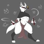  anthro big_breasts bottomwear breasts canid canine canis chervenkata clothing crossgender death_(puss_in_boots) digitigrade female fur hi_res loincloth mammal navel red_eyes sickle simple_background smile solo under_boob white_body white_fur wide_hips wolf 