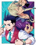  2boys ace_attorney apollo_justice apollo_justice:_ace_attorney black_hair black_shirt blonde_hair blue_background blue_eyes blue_necktie bracelet closed_mouth collarbone hand_up highres jacket jewelry klavier_gavin long_hair long_sleeves looking_at_viewer male_focus multiple_boys necklace necktie one_eye_closed open_mouth purple_jacket red_vest ring shino_(shino_dgs) shirt short_hair sleeves_rolled_up smile sweatdrop upper_body vest white_shirt 