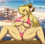  beach big_breasts bikini blonde_hair blush bovid breasts caprine cleavage clothed clothing female hair mammal mastergodai navel seaside spread_legs spreading swimwear thick_thighs 