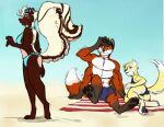  4_arms 4_pecs anthro artist_name ashcoyote beach beach_towel bikini canid canine canis chipfox clothing coyote crema eyewear fox group gynomorph hi_res intersex luciellia male mammal mephitid multi_arm multi_limb multi_pecs pecs red_fox sand seaside signature simple_background skunk sunglasses swimsuit_bulge swimwear towel trio 