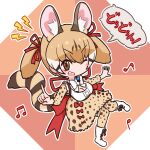  1girl animal_ears boots bow bowtie brown_eyes brown_hair cat_ears cat_girl cat_tail da_(bobafett) extra_ears kemono_friends kemono_friends_v_project kneehighs large-spotted_genet_(kemono_friends) long_hair looking_at_viewer microphone one_eye_closed red_background ribbon shirt simple_background skirt socks solo tail twintails virtual_youtuber 