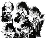  ! !! 1boy artist_name black_jack_(character) black_jack_(series) bow bowtie clenched_teeth coat collared_shirt expressions flinch frown greyscale highres lapels long_sideburns looking_at_viewer male_focus mame_moyashi monochrome multicolored_hair multiple_views notched_lapels open_clothes open_coat patchwork_skin scar scar_on_cheek scar_on_face serious shirt short_hair sideburns simple_background split-color_hair stitched_face stitches teeth twitter_username wind wing_collar 