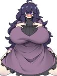 1girl @_@ ahoge alternate_breast_size bellupup breasts dress hair_between_eyes hair_over_eyes hex_maniac_(pokemon) highres huge_breasts long_dress long_hair long_sleeves looking_at_viewer open_mouth pokemon pokemon_(game) pokemon_xy purple_dress purple_eyes purple_hair shaded_face simple_background sitting solo straight-on turtleneck wariza white_background 
