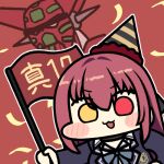  1girl black_choker blush chibi choker flag hair_between_eyes heterochromia holding holding_flag hololive houshou_marine houshou_marine_(7th_costume) jazz_jack long_hair long_sleeves looking_at_viewer lowres open_mouth red_background red_eyes red_hair school_uniform shin_getter-1 solo virtual_youtuber yellow_eyes 