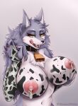  animal_print anthro big_breasts bodypaint breastmilk breasts canid canine canis cow_print cowbell female hi_res licking licking_lips looking_at_viewer mammal nipples open_mouth sagging_breasts shamziwhite solo standing tongue tongue_out wolf 
