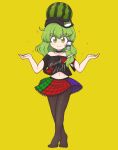  1girl black_pantyhose black_shirt closed_mouth clothes_writing commission cosplay food frog_hair_ornament fruit green_eyes hair_ornament hecatia_lapislazuli hecatia_lapislazuli_(cosplay) highres keb00b kochiya_sanae looking_at_viewer multicolored_clothes multicolored_skirt pantyhose pixiv_commission plaid plaid_skirt shirt simple_background skirt smile solo touhou watermelon yellow_background 