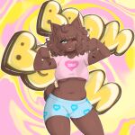  2019 5_fingers abstract_background absurd_res anthro big_breasts black_fingernails blue_clothing blue_underwear boy_shorts breasts brown_body brown_fur brown_hair canadian_lynx clothed clothed_anthro clothed_female clothing colored_nails crop_top curled_hair cute_expression cute_fangs darcie_(yeagar) digital_media_(artwork) eyebrows eyelashes fangs felid feline female finger_gun fingers fur gesture gesturing_at_viewer glistening glistening_eyes glistening_hair glistening_thighs green_eyes hair half-shirt hi_res humanoid_hands legwear looking_at_viewer lynx mammal nails navel one_eye_closed open_mouth outline pink_clothing pink_shirt pink_t-shirt pink_topwear pose print_clothing print_shirt print_topwear print_underwear shaded shirt short_hair slightly_chubby smile smiling_at_viewer solo t-shirt tail teeth text thick_thighs tight_underwear tongue topwear underwear white_outline wide_hips yeagar 