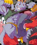  absurd_res anthro balls big_penis clothing duo english_text erection generation_1_pokemon generation_7_pokemon genitals ggan_ggandi hi_res humanoid_genitalia humanoid_penis incineroar machoke male male/male muscular nintendo penis pokemon pokemon_(species) public text tongue tongue_out 