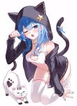  1girl absurdres animal_hood black_hoodie black_jacket blue_eyes blue_hair bra breasts cat cat_bra cat_tail choker heiyan_shenshi highres hololive hood hoodie hoshimachi_suisei jacket long_hair looking_at_viewer one_eye_closed open_mouth small_breasts solo star_(symbol) star_in_eye symbol_in_eye tail thighhighs underwear virtual_youtuber white_bra white_thighhighs 
