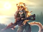 2022 5_fingers anthro bad_trigger_discipline black_spots blonde_hair blue_eyes blurred_background breasts cheetah cleavage clothed clothing felid feline female fingers forest forest_background fur green_clothing green_uniform gun hair hi_res holding_gun holding_object holding_rifle holding_weapon lena_fluffy_(character) lgag006k043_(artist) long_hair mammal medium_breasts military_uniform nature nature_background plant ranged_weapon scarf scope solo spots spotted_body spotted_fur standing sun tree uniform weapon yellow_body yellow_fur 