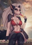  2023 anthro arm_tuft beach bikini breasts canid canid_demon chest_tuft clothing demon elbow_tuft eyebrow_piercing eyebrow_ring eyebrows eyelashes facial_piercing female food fur grey_body grey_fur hair hellhound helluva_boss hip_tuft imanika long_hair looking_at_viewer loona_(helluva_boss) mammal nipple_outline outside piercing popsicle red_bikini red_clothing red_sclera red_swimwear ring_piercing seaside shoulder_tuft silver_hair sitting solo swimwear tuft white_body white_fur 