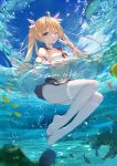  1girl ;p ahoge air_bubble animal bikini bikini_under_clothes black_skirt blonde_hair blue_eyes blue_sky bubble cloud commentary_request day fish food full_body hair_between_eyes hair_ribbon highres holding holding_food innertube long_hair looking_at_viewer mo_(pixiv9929995) navel no_shoes one_eye_closed original outdoors pleated_skirt popsicle ribbon sample_watermark shirt skirt sky solo swimsuit thighhighs tongue tongue_out transparent twintails very_long_hair water white_bikini white_ribbon white_shirt white_thighhighs 