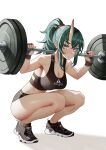  1girl absurdres arknights black_bra blush bra breasts cleavage exercise fingerless_gloves gloves green_hair highres horns hoshiguma_(arknights) long_hair oni_horns ponytail sama_(sama24654684) shoes simple_background single_horn sneakers solo sports_bra squatting underwear weightlifting white_background yellow_eyes 