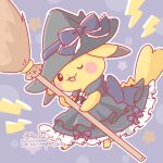  animal_focus asakoline black_dress black_eyes black_headwear broom colored_skin commentary_request dress frilled_dress frills grey_background hat lightning_bolt_symbol no_humans one_eye_closed pikachu pokemon pokemon_(creature) solo tail witch_hat yellow_skin 