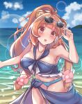  1girl absurdres aisha_(rfrm) animal_ears bikini blunt_bangs blush breasts brown_eyes brown_hair commentary day flower hair_flower hair_ornament highres large_breasts long_hair looking_at_viewer ocean raccoon_ears raccoon_girl raphtalia solo sunglasses swimsuit tate_no_yuusha_no_nariagari 