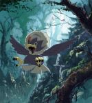  animal_focus beak bird black_eyes bright_pupils flying forest grey_feathers highres karamimame nature no_humans open_mouth pokemon pokemon_(creature) rufflet tail_feathers talons tree white_pupils 