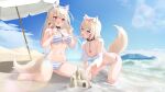  2girls absurdres alternate_costume animal_collar animal_ears bandaid_hair_ornament bare_arms bare_shoulders beach beach_umbrella bikini bikini_under_clothes black_collar blonde_hair blue_eyes blue_hair blue_hairband blue_nails blush breasts cleavage collar commentary crossed_bangs dog_ears dog_girl dog_tail double-parted_bangs english_commentary fake_horns fang food front-tie_bikini_top front-tie_top full_body fuwawa_abyssgard hair_between_eyes hair_ornament hairband hairclip highres holding holding_food holding_popsicle hololive hololive_english horns hug kneeling large_breasts long_hair lukas_reule mococo_abyssgard multicolored_hair multiple_girls nail_polish navel ocean open_mouth pink_bikini pink_eyes pink_hair pink_hairband popsicle sand_castle sand_sculpture shirt short_hair siblings side-tie_bikini_bottom sisters streaked_hair striped striped_bikini surprised swimsuit t-shirt tail twins two-tone_bikini two_side_up umbrella virtual_youtuber white_bikini white_shirt x_hair_ornament 
