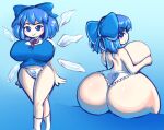  1girl absurdres alternate_breast_size ass blue_eyes blue_hair breasts cirno fairy highres huge_ass looking_at_viewer looking_back open_mouth panties royaloppai smile solo solo_focus touhou underwear wide_hips 