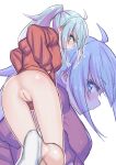  1girl ahoge anus ass blue_eyes blue_hair blurry blurry_foreground bottomless cleft_of_venus closed_mouth hands_in_pockets highres hood hoodie long_hair looking_at_viewer looking_back mustee naked_shirt no_panties no_pants original ponytail pussy red_hoodie shirt socks solo uncensored white_socks 