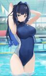  1girl absurdres armpits arms_behind_head arms_up blue_eyes blue_hair breasts closed_mouth covered_navel hair_intakes hair_tie_in_mouth highres hololive hololive_english indoors large_breasts long_hair mouth_hold one-piece_swimsuit ouro_kronii pool shuuzo3 solo swimsuit thigh_gap thighs virtual_youtuber wading wet 