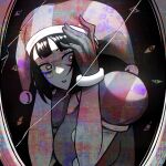  1girl broken_mirror gloves hands_up hat_bell highres jester medium_hair mirror monochrome pietrosatou pomni_(the_amazing_digital_circus) reflection solo the_amazing_digital_circus 