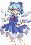  1girl adjusting_eyewear bespectacled blue_bow blue_dress blue_eyes blue_hair blush bow breasts cirno collared_shirt detached_wings dress feet_out_of_frame glasses hair_between_eyes hair_bow hand_on_own_hip highres ice ice_wings ichinose_hinata looking_at_viewer neck_ribbon one_eye_closed open_mouth pinafore_dress red-framed_eyewear red_ribbon ribbon semi-rimless_eyewear shirt simple_background sleeveless sleeveless_dress small_breasts smile solo teeth touhou under-rim_eyewear upper_teeth_only white_background white_shirt wings 
