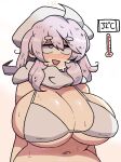  1girl alternate_breast_size bikini breasts commentary english_commentary hat hot huge_breasts letty_whiterock navel notnoe_(dxcl) open_mouth plump purple_eyes purple_hair scarf smile solo sweat swimsuit thermometer thick_eyebrows touhou white_bikini white_headwear white_scarf 