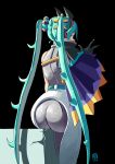  1girl ass automatic_giraffe black_background blue_eyes blue_hair dragon_miku_(project_voltage) fake_horns hair_ornament hatsune_miku highres horns long_hair looking_at_viewer pokemon project_voltage spiked_hair vocaloid 