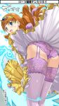  1girl ass blue_eyes blush dragon_quest dragon_quest_i dress earrings elbow_gloves gloves highres imaichi jewelry long_hair looking_at_viewer open_mouth orange_hair panties princess_laura skirt solo thighhighs tiara underwear yellow_dress 
