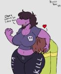  &lt;3 anthro big_breasts black_bottomwear black_clothing black_pants bottomwear breasts brown_hair clothing crop_top deltarune dialogue duo english_text female fist green_clothing green_shirt green_topwear grey_background grey_clothing grey_shirt grey_topwear hair hair_over_eyes head_grab hi_res human human_on_anthro interspecies kris_(deltarune) male male/female mammal navel pants purple_body raised_arm raised_fist roccorox scalie shirt signature simple_background susie_(deltarune) text text_on_bottomwear text_on_clothing text_on_pants thick_thighs topwear undertale_(series) wide_hips yoga_pants 