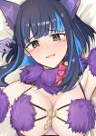  1girl absurdres animal_ears black_hair blue_hair blush breasts colored_inner_hair commentary cosplay facial_mark fate/grand_order fate_(series) fur_collar gloves grey_eyes highres lying mash_kyrielight mash_kyrielight_(dangerous_beast) mash_kyrielight_(dangerous_beast)_(cosplay) multicolored_hair on_back on_bed purple_gloves tenochtitlan_(fate) uriuriyukitti 