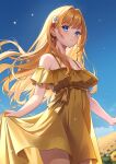  1girl bare_shoulders blonde_hair blue_sky blush breasts brown_dress closed_mouth commentary_request day dress field flower flower_field frilled_dress frills fujishiro_kokoa hair_flower hair_intakes hair_ornament highres long_hair looking_at_viewer medium_breasts off-shoulder_dress off_shoulder original outdoors skirt_hold sky solo sunflower very_long_hair white_flower yellow_flower 
