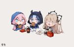  3girls arknights beanie black_headwear blue_eyes blue_hair blue_jacket blue_poison_(arknights) blush brown_hair burger chibi closed_mouth commentary cropped_torso cup dailybloopy eating english_commentary fan_request food french_fries glaucus_(arknights) grey_background hair_between_eyes hat holding holding_food hood hood_up hooded_jacket indigo_(arknights) jacket light_blue_hair long_hair long_sleeves low_twintails multiple_girls open_mouth pink_hair pointy_ears short_hair sidelocks simple_background twintails upper_body wcdonald&#039;s 