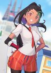  1girl absurdres backpack bag between_breasts black_bag black_hair blurry blurry_background blush breasts collared_shirt commentary_request cowboy_shot day freckles green_hair grin hands_on_own_hips highres itou_kazuki multicolored_hair necktie nemona_(pokemon) orange_necktie orange_shorts outdoors pantyhose pokemon pokemon_(game) pokemon_sv ponytail school_uniform shirt shorts sky smile solo strap_between_breasts teeth two-tone_hair white_shirt 